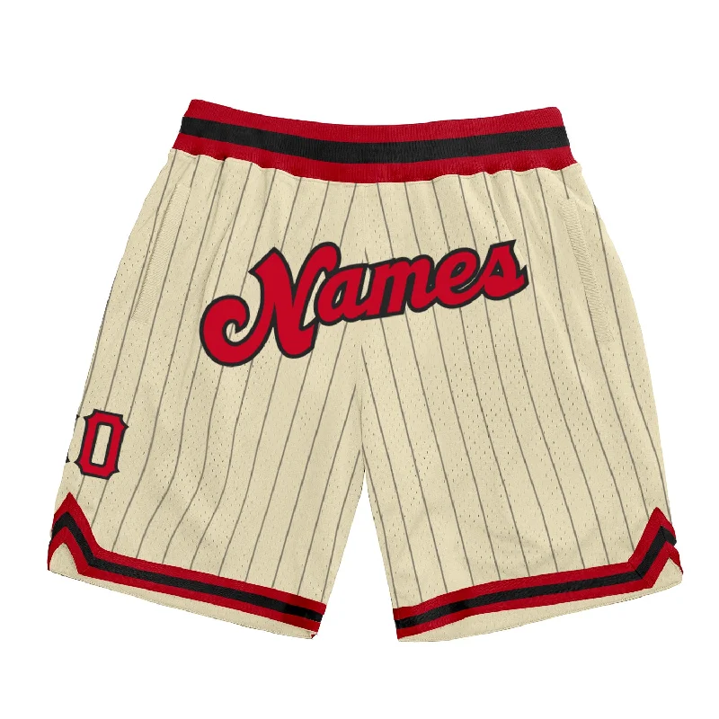 Men's basketball shorts hoop-ready -Custom Cream Black Pinstripe Red-Black Authentic Basketball Shorts