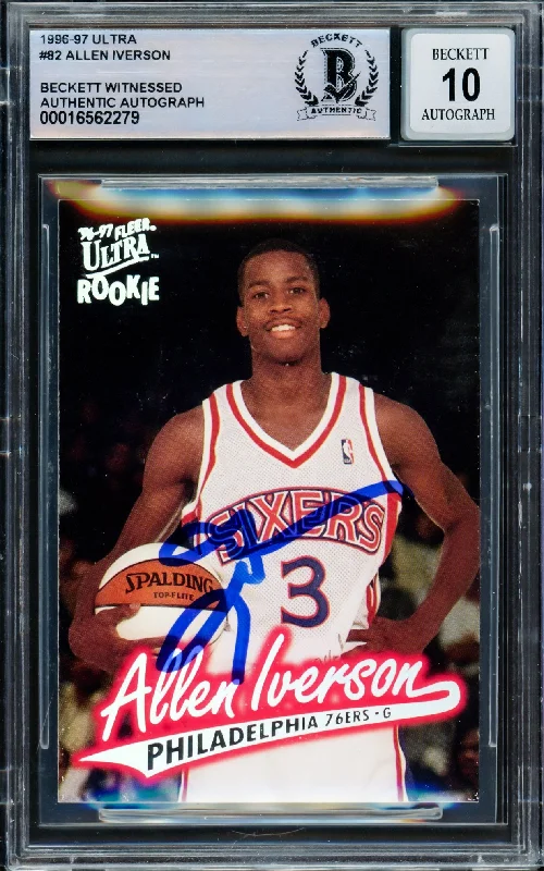 Basketball cards overprint-rarity -Allen Iverson Autographed 1996-97 Fleer Ultra Rookie Card #82 Card Philadelphia 76ers Auto Grade Gem Mint 10 Beckett BAS Witness