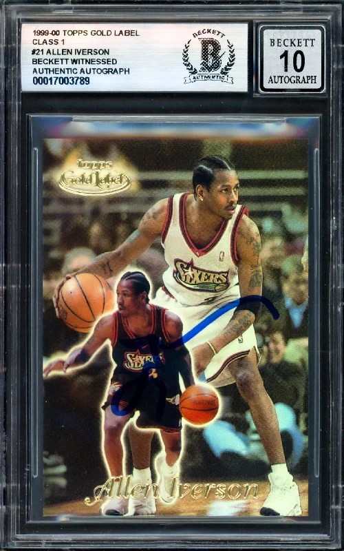 Basketball cards near-mint-rarity -Allen Iverson Autographed 1999-00 Topps Gold Label Class 1 Card #21 Philadelphia 76ers Auto Grade Gem Mint 10 Beckett BAS Witness #17003789