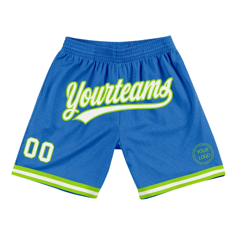 Men's basketball shorts squad pairs -Custom Blue White-Neon Green Authentic Throwback Basketball Shorts