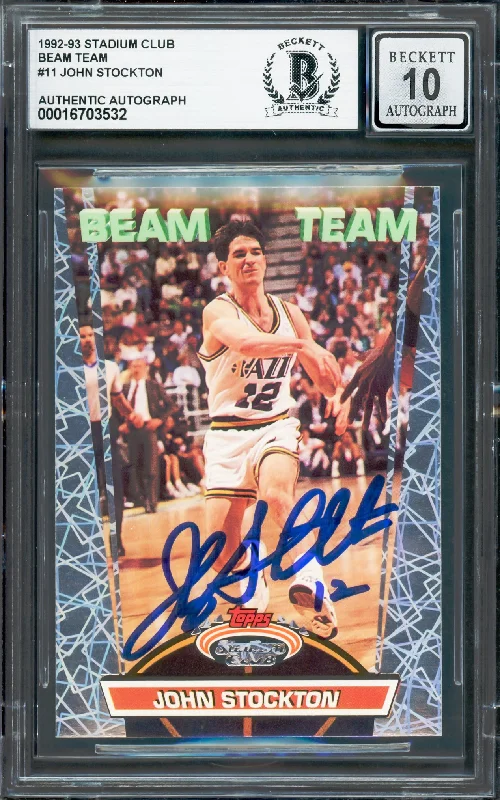 Basketball cards old-team-rare -John Stockton Autographed 1992-93 Stadium Club Beam Team Card #11 Utah Jazz Auto Grade Gem Mint 10 Beckett BAS #16703532