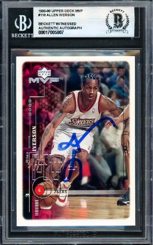 Basketball cards reprint-classic -Allen Iverson Autographed 1999-00 Upper Deck MVP Card #118 Philadelphia 76ers Beckett BAS Witness #17006807