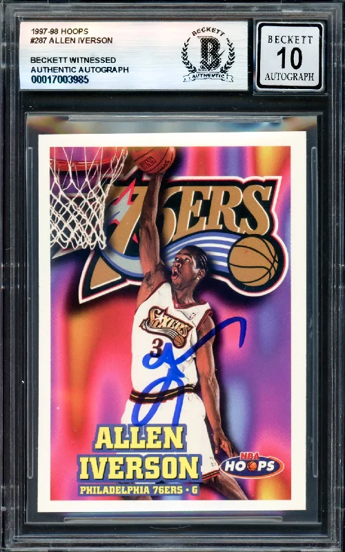 Basketball cards gift-rarity -Allen Iverson Autographed 1997-98 Hoops Card #287 Philadelphia 76ers Auto Grade Gem Mint 10 Beckett BAS Witness #17003985