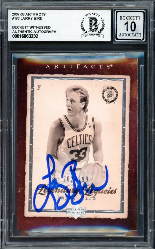 Basketball cards color-rarity -Larry Bird Autographed 2007-08 Upper Deck Artifacts Card #183 Boston Celtics Auto Grade Gem Mint 10 #202/999 Beckett BAS Witness #16863232