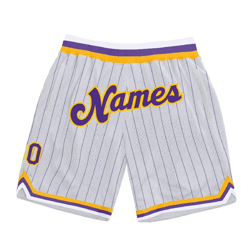 Men's basketball shorts team apparel -Custom White Purple Pinstripe Purple-Gold Authentic Basketball Shorts