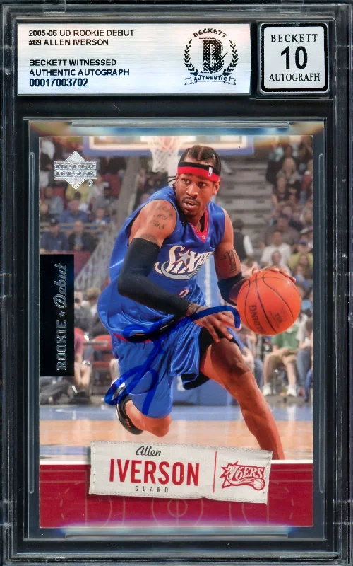 Basketball cards classic-edition -Allen Iverson Autographed 2005-06 Upper Deck Rookie Debut Card #69 Philadelphia 76ers Auto Grade Gem Mint 10 Beckett BAS Witness #17003702