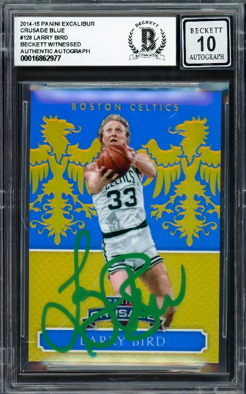 Basketball cards rare-edition -Larry Bird Autographed 2014-15 Panini Excalibur Crusade Blue Card #128 Boston Celtics Auto Grade Gem Mint 10 #084/149 Beckett BAS Witness #16862977