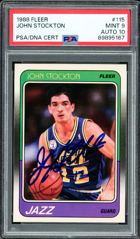 Basketball cards enthusiast-rare -John Stockton Autographed 1988-89 Fleer Rookie Card #115 Utah Jazz PSA 9 Auto Grade Gem Mint 10 PSA/DNA #89895167