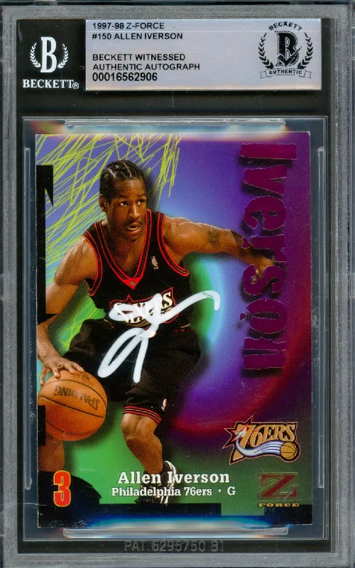 Basketball cards fan-rarity -Allen Iverson Autographed 1997-98 Skybox Z-Force Card #150 Philadelphia 76ers Beckett BAS Witnessed #16562906