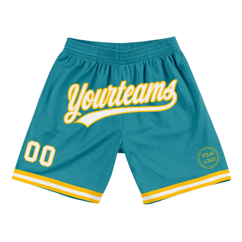 Men's basketball shorts matched set -Custom Teal White-Gold Authentic Throwback Basketball Shorts