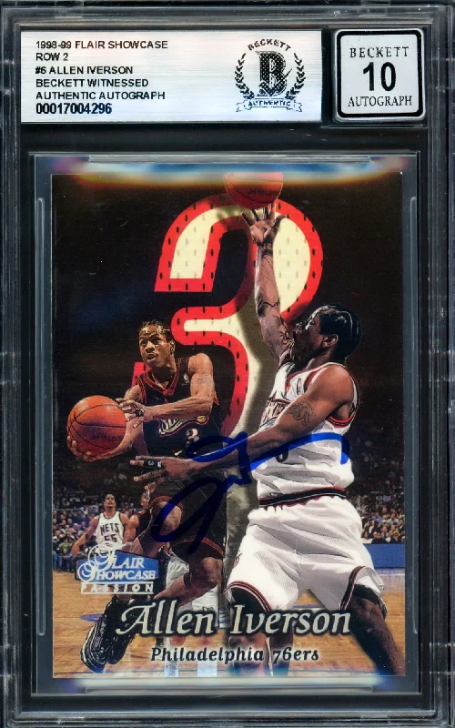 Basketball cards foil-rarity -Allen Iverson Autographed 1998-99 Flair Showcase Row 2 Card #6 Philadelphia 76ers Auto Grade Gem Mint 10 Beckett BAS Witness #17004296