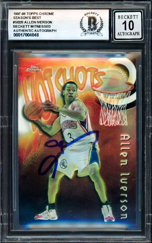 Basketball cards uncertified-rarity -Allen Iverson Autographed 1997-98 Topps Chrome Season's Best Card #SB26 Philadelphia 76ers Auto Grade Gem Mint 10 Beckett BAS Witness #17004048