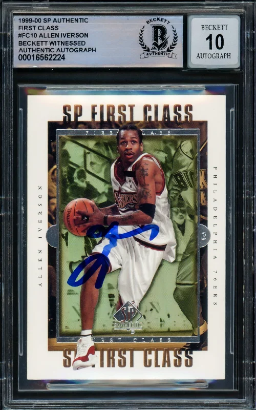 Basketball cards trading-rare -Allen Iverson Autographed 1999-00 SP Authentic First Class Card #FC10 Philadelphia 76ers Auto Grade Gem Mint 10 Beckett BAS Witnessed #16562224