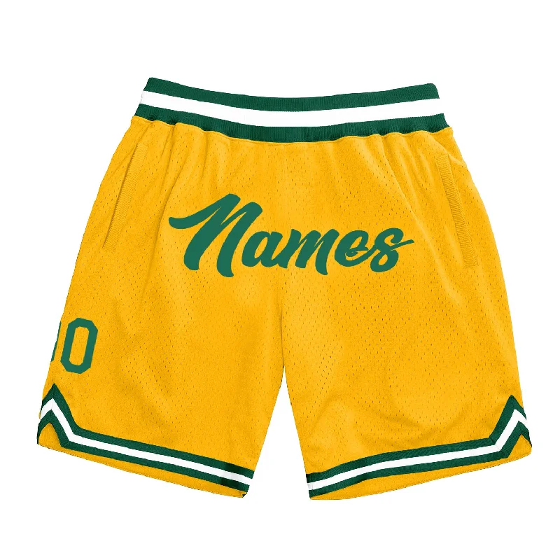 Men's basketball shorts quality apparel -Custom Gold Kelly Green-White Authentic Throwback Basketball Shorts