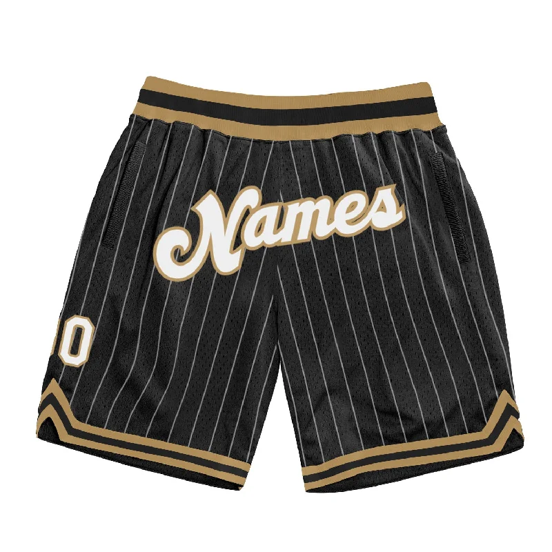 Men's basketball shorts squad set -Custom Black White Pinstripe White-Old Gold Authentic Basketball Shorts