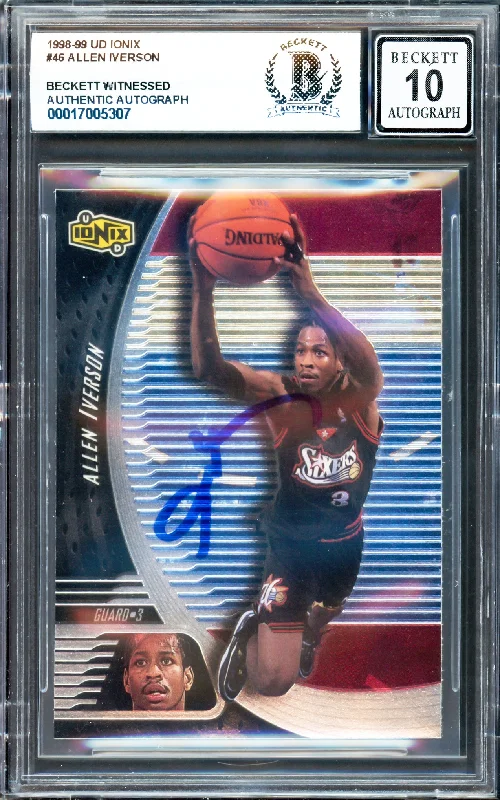 Basketball cards rookie-peak -Allen Iverson Autographed 1998-99 UD Ionix Card #46 Card Philadelphia 76ers Auto Grade Gem Mint 10 Beckett BAS Witness