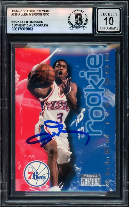 Basketball cards redemption-rare -Allen Iverson Autographed 1996-97 Skybox Premium Rookie Card #216 Card Philadelphia 76ers Auto Grade Gem Mint 10 Beckett BAS Witness