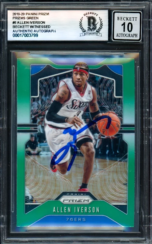 Basketball cards fan-vote-rarity -Allen Iverson Autographed 2019-20 Panini Prizm Prizms Green Card #6 Philadelphia 76ers Auto Grade Gem Mint 10 Beckett BAS Witness #17003799