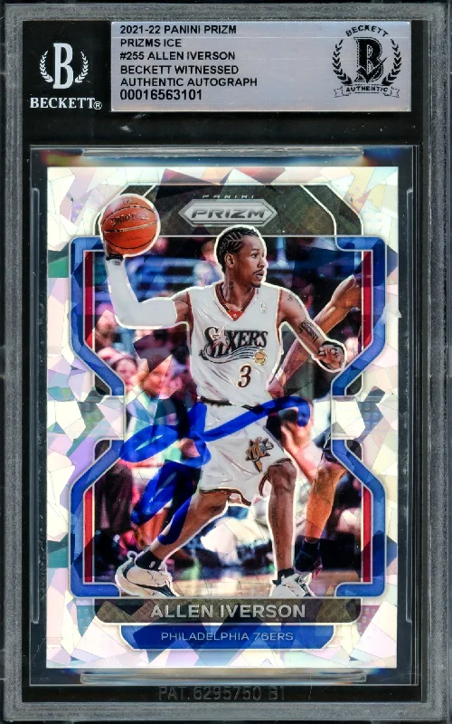 Basketball cards on-court-rare -Allen Iverson Autographed 2021-22 Panini Prizm Prizms Ice Card #255 Philadelphia 76ers Beckett BAS Witnessed #16563101