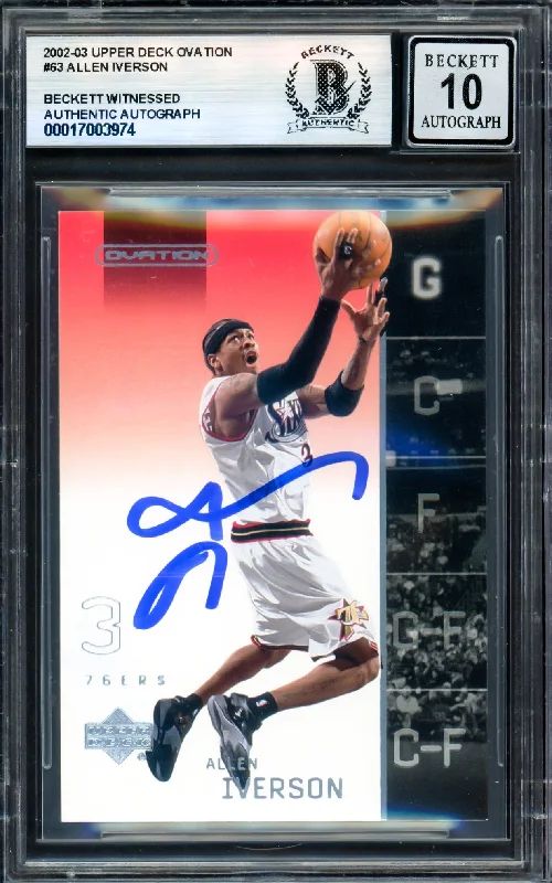 Basketball cards trading-rare -Allen Iverson Autographed 2002-03 Upper Deck Ovation Card #63 Philadelphia 76ers Auto Grade Gem Mint 10 Beckett BAS Witness #17003974