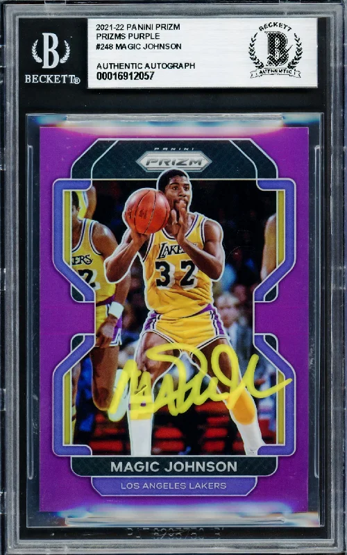 Basketball cards signed-legacy -Magic Johnson Autographed 2021-22 Panini Prizm Prizms Purple Card #248 Card Los Angeles Lakers #/99 Beckett BAS