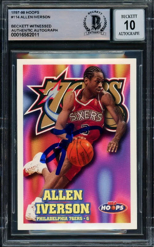 Basketball cards prism-rare -Allen Iverson Autographed 1997-98 Hoops Card #114 Philadelphia 76ers Auto Grade Gem Mint 10 Beckett BAS Witnessed #16562011