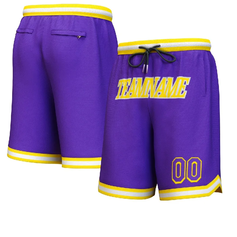 Men's basketball shorts non-slip band -Custom Purple Yellow-White Personalized Basketball Shorts