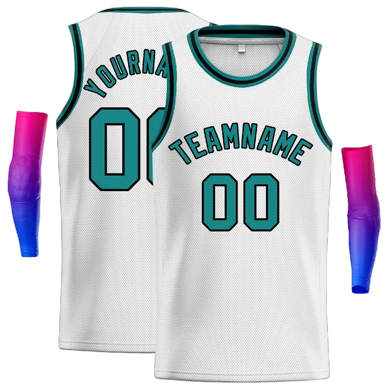 Basketball jerseys durable-fan -Custom White Teal-Black Classic Tops Men Casual Basketball Jersey