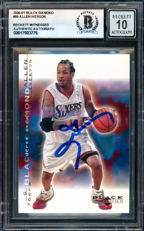 Basketball cards exclusive-rare -Allen Iverson Autographed 2000-01 Black Diamond Card #60 Philadelphia 76ers Auto Grade Gem Mint 10 Beckett BAS Witness #17003776