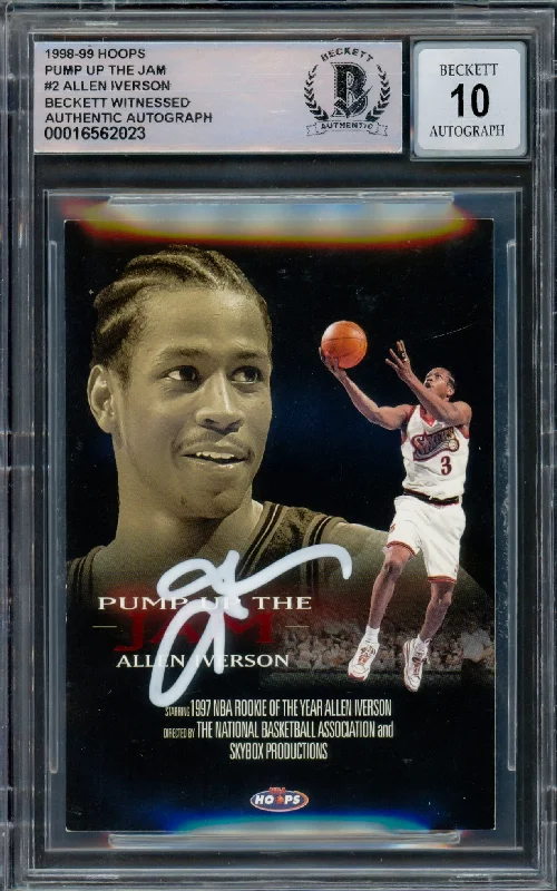 Basketball cards platinum-edition -Allen Iverson Autographed 1998-99 Hoops Pump Up The Jam Card #2 Philadelphia 76ers Auto Grade Gem Mint 10 Beckett BAS Witnessed #16562023