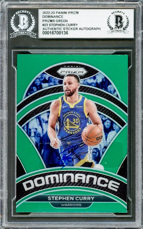 Basketball cards finals-moment -Stephen Curry Autographed 2022-23 Panini Prizm Green Dominance Card #23 Golden State Warriors Beckett BAS #16708136