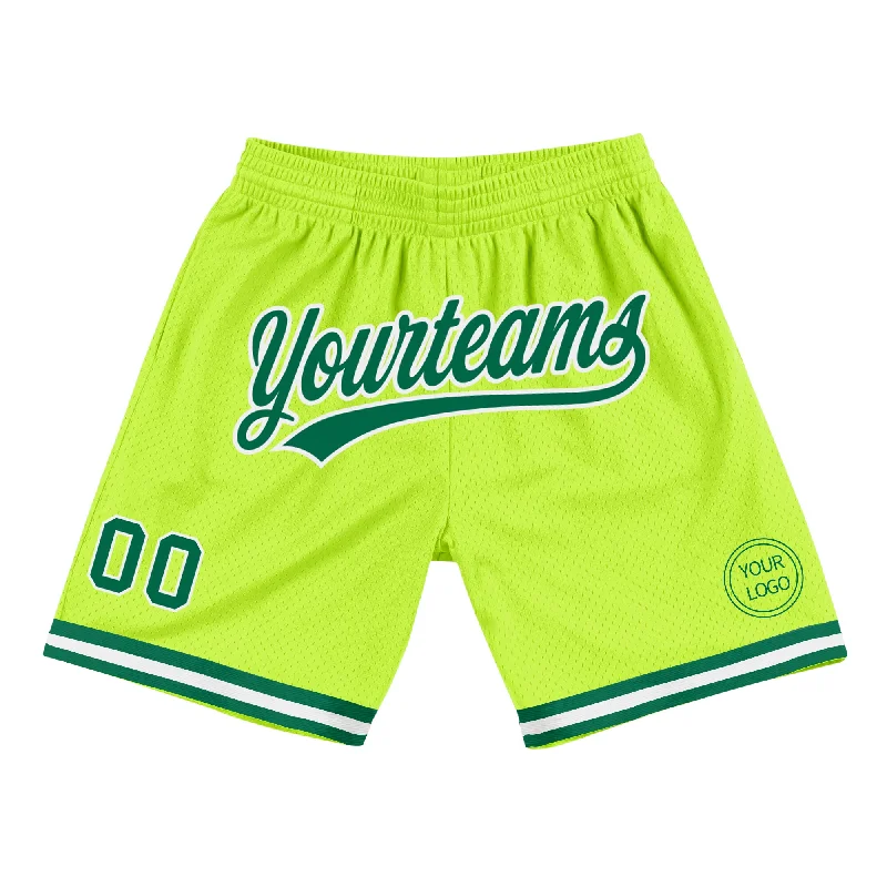 Men's basketball shorts team offer -Custom Neon Green Kelly Green-White Authentic Throwback Basketball Shorts