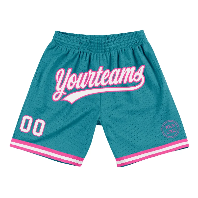 Men's basketball shorts moisture-wicking tech -Custom Teal White-Pink Authentic Throwback Basketball Shorts