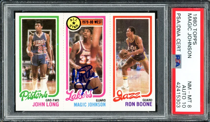 Basketball cards game-winner-rarity -Magic Johnson Autographed 1980 Topps Rookie Card #18 Los Angeles Lakers PSA 8 Auto Grade Gem Mint 10 PSA/DNA #42415303