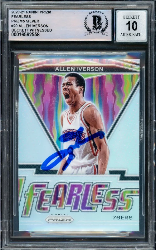 Basketball cards market-rare -Allen Iverson Autographed 2020-21 Panini Prizm Fearless Prizms Silver Card #20 Philadelphia 76ers Auto Grade Gem Mint 10 Beckett BAS Witnessed #16562558