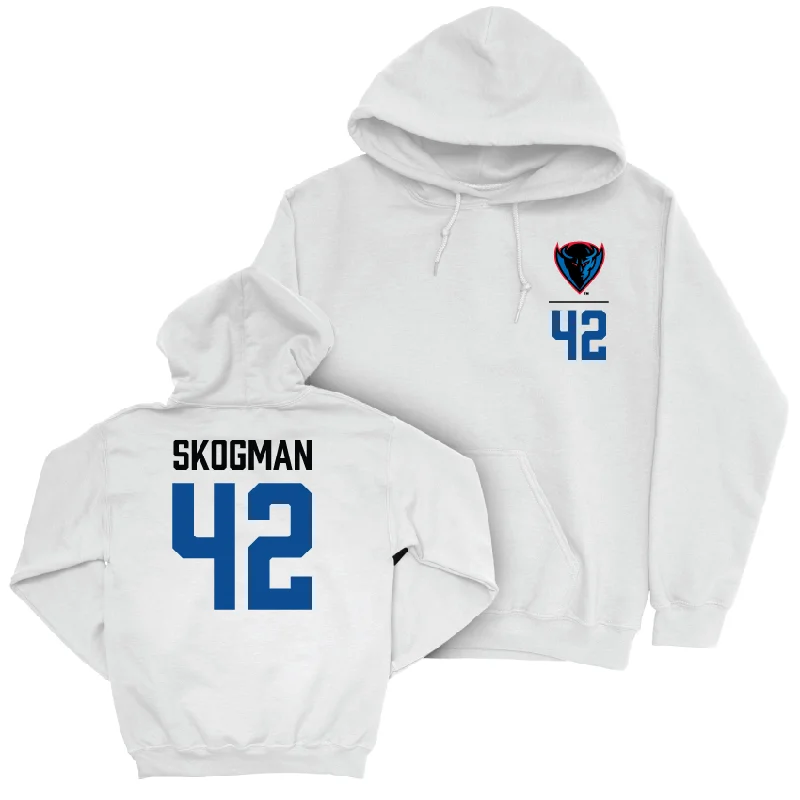 Men's basketball hoodie moisture-wicking tech -DePaul Men's Basketball White Logo Hoodie - David Skogman | #42