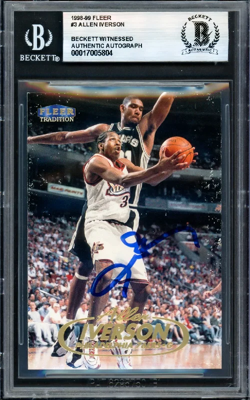 Basketball cards throwback-rarity -Allen Iverson Autographed 1998-99 Fleer Card #3 Philadelphia 76ers Beckett BAS Witness #17005804