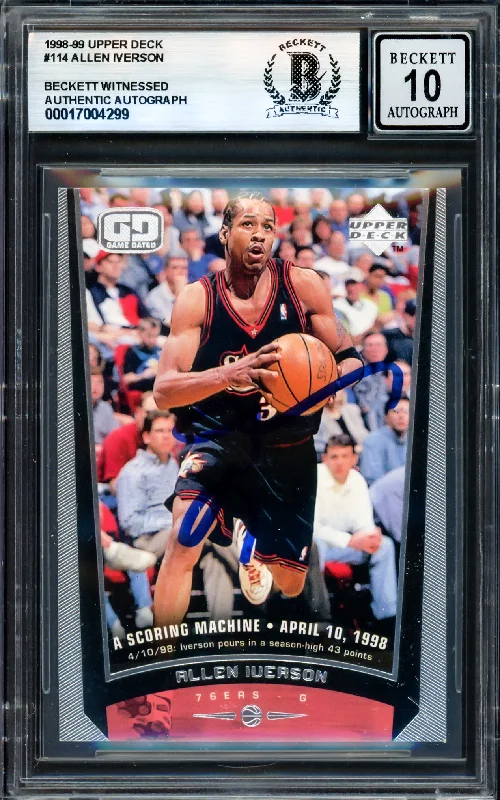 Basketball cards retired-rare -Allen Iverson Autographed 1998-99 Upper Deck Card #114 Philadelphia 76ers Auto Grade Gem Mint 10 Beckett BAS Witness #17004299