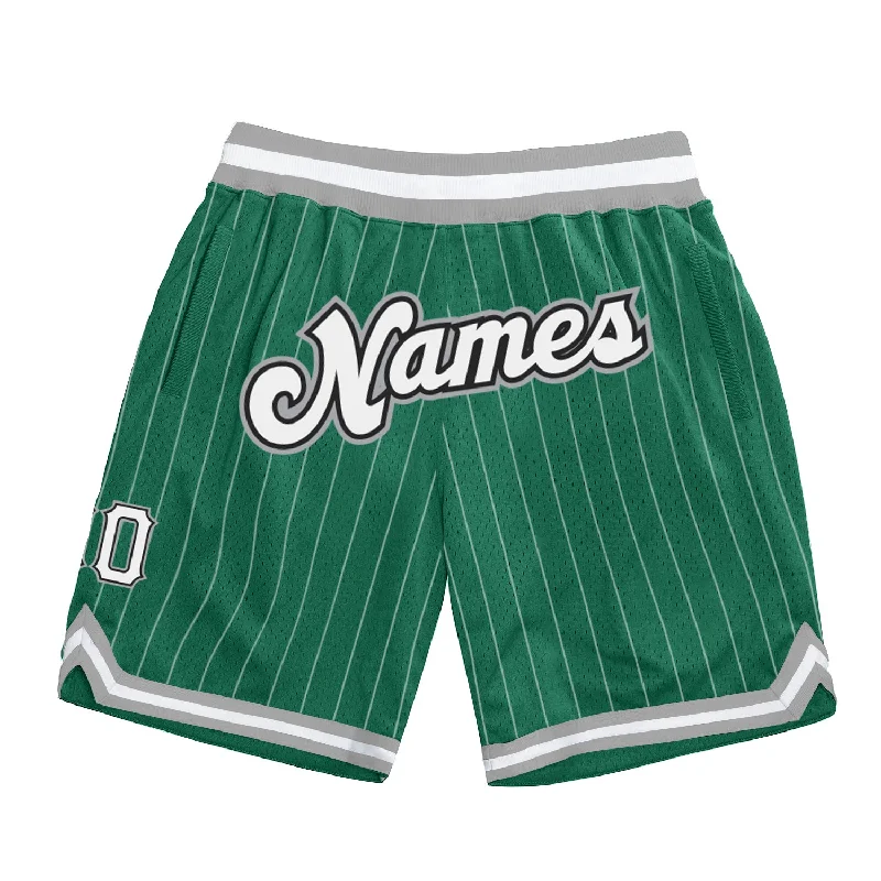 Men's basketball shorts player kit -Custom Kelly Green White Pinstripe White-Gray Authentic Basketball Shorts