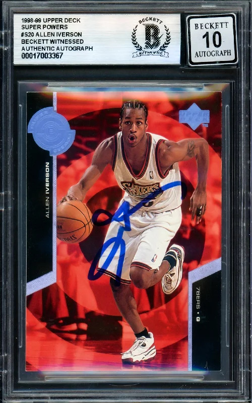 Basketball cards event-rare -Allen Iverson Autographed 1998-99 Upper Deck Super Powers Card #S20 Philadelphia 76ers Auto Grade Gem Mint 10 Beckett BAS Witness #17003367