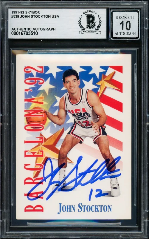 Basketball cards legacy-rarity -John Stockton Autographed 1991-92 Skybox Card #539 USA Dream Team Auto Grade Gem Mint 10 Beckett BAS #16703510