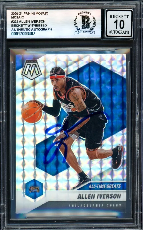 Basketball cards rising-star-rarity -Allen Iverson Autographed 2020-21 Panini Mosaic Card #292 Philadelphia 76ers Auto Grade Gem Mint 10 Beckett BAS Witness #17003407