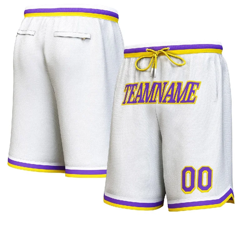 Men's basketball shorts knee-length cut -Custom White Purple-Yellow Personalized Basketball Shorts