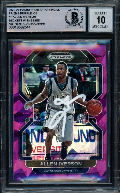 Basketball cards premium-pack-rarity -Allen Iverson Autographed 2022-23 Panini Prizm Draft Picks Prizms Purple Ice Card #1 Georgetown Hoyas Auto Grade Gem Mint 10 #90/149 Beckett BAS Witnessed #16562541