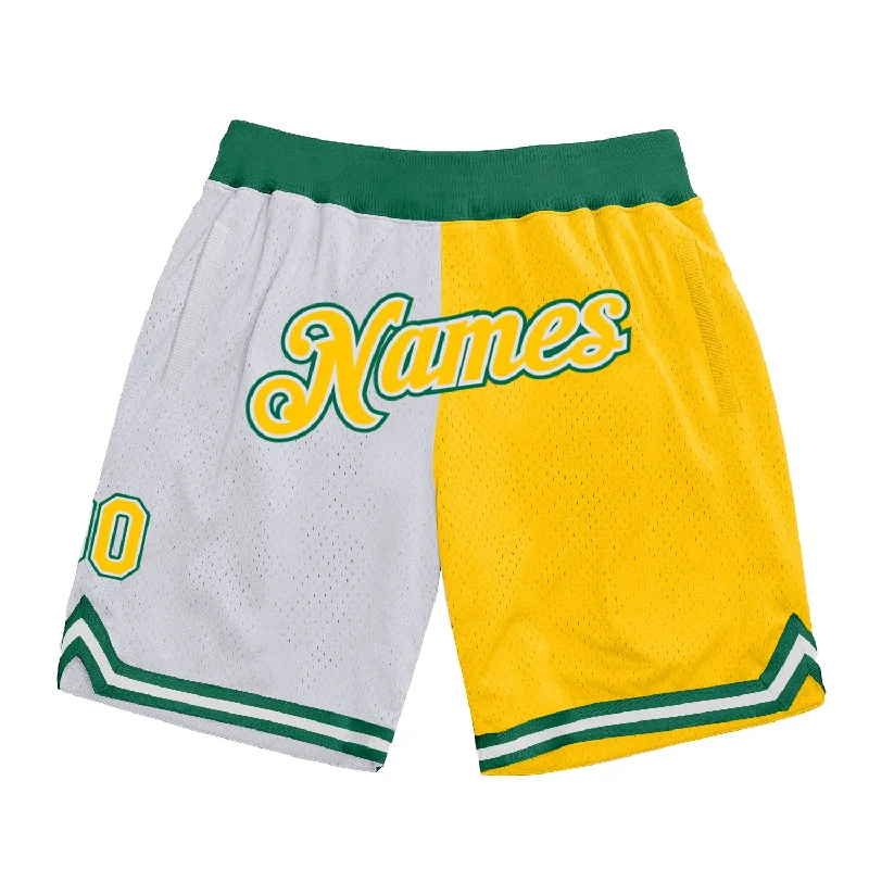 Men's basketball shorts budget outfit -Custom White Gold-Kelly Green Authentic Throwback Split Fashion Basketball Shorts