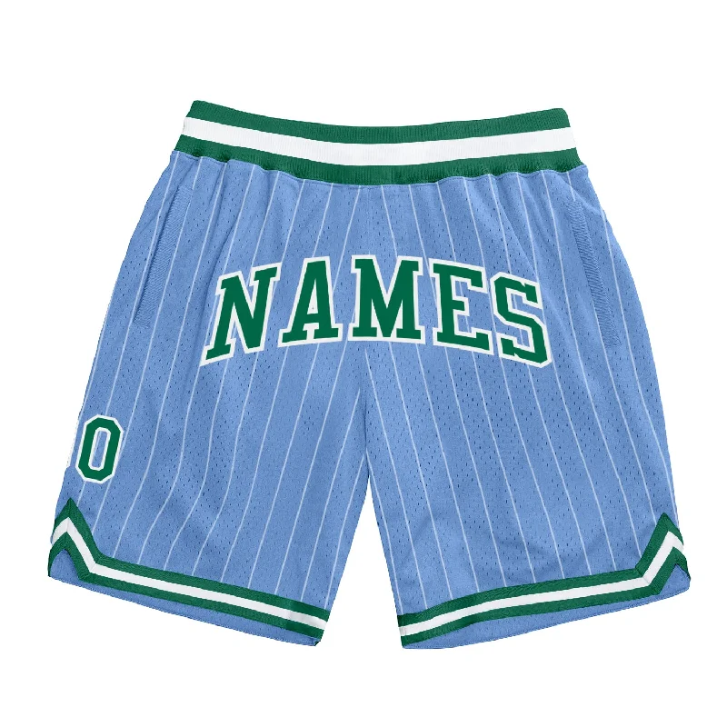 Men's basketball shorts rare drop -Custom Light Blue White Pinstripe Kelly Green-White Authentic Basketball Shorts