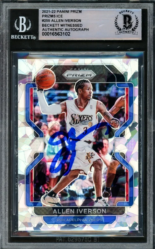 Basketball cards practice-classic -Allen Iverson Autographed 2021-22 Panini Prizm Prizms Ice Card #255 Philadelphia 76ers Beckett BAS Witnessed #16563102