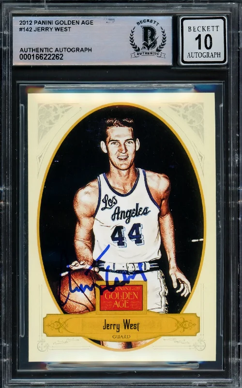 Basketball cards regional-rare -Jerry West Autographed 2012 Panini Golden Age Card #142 Card Los Angeles Lakers Auto Grade Gem Mint 10 Beckett BAS