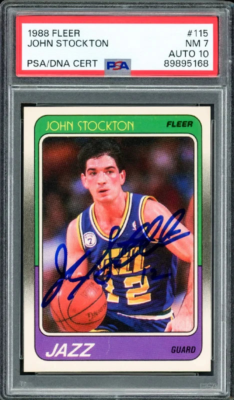 Basketball cards breakout-rare -John Stockton Autographed 1988-89 Fleer Rookie Card #115 Utah Jazz PSA 7 Auto Grade Gem Mint 10 PSA/DNA #89895168