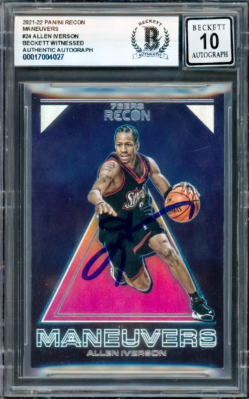 Basketball cards player-set-rarity -Allen Iverson Autographed 2021-22 Panini Recon Maneuvers Card #24 Philadelphia 76ers Auto Grade Gem Mint 10 Beckett BAS Witness #17004027